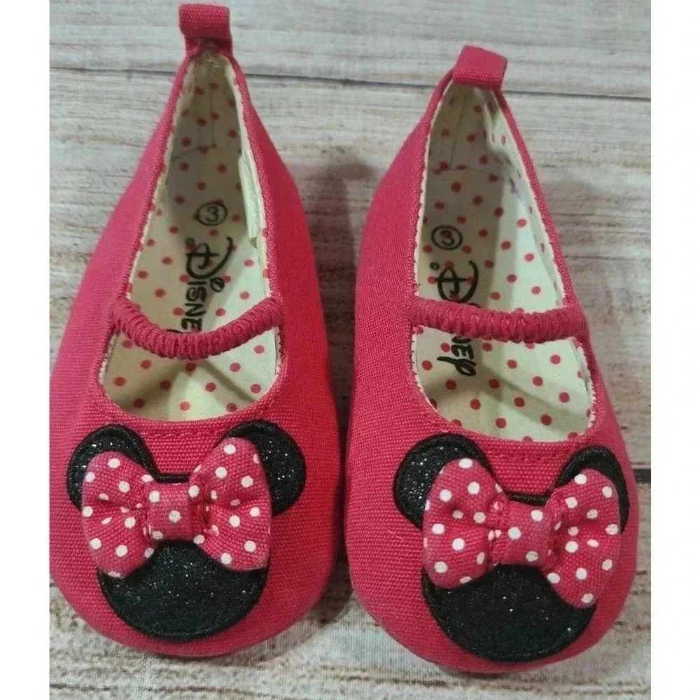 Disney Minnie Mouse Baby Shoes Size 3 Soft Sole Ballet Flats Pink Black Glitter
